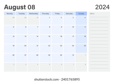 2024 August desk planner calendar weeks start on Monday in light blue and gray theme with empty line memo note space, vector design 