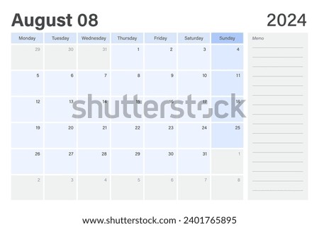2024 August desk planner calendar weeks start on Monday in light blue and gray theme with empty line memo note space, vector design 