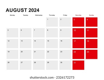 Diseño del calendario de planificación 2024 de agosto. La semana comienza el lunes. Ilustración vectorial.