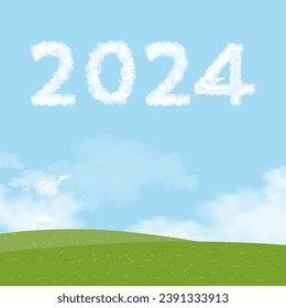 2024 background of Starting New year with Planning and Challenge Strategy Concept,Vector Backdrop 2024 Paper Cut Airplane Flying on Cloud,Blue Sky over Spring field for Christmas Happy New Year Banne