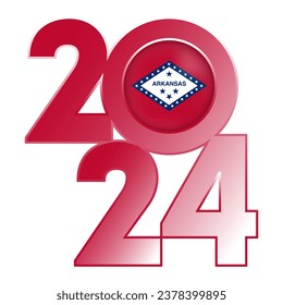 2024 banner with Arkansas state flag inside. Vector illustration.