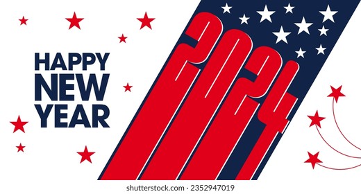 2024 - Banner or card with dynamic graphics on the bias to wish a happy new year, inspired by the American flag.