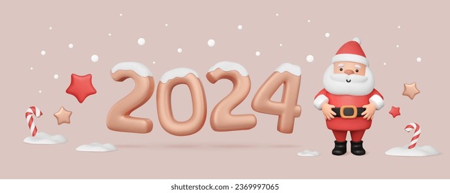 2024 banner with cute Santa Claus in cartoon style, 3d plastic stars, candy cane rendering. Glossy Xmas text. Vector winter illustration. Minimal landscape. Greeting card with snow, horizontal print.