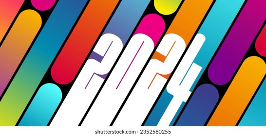 2024 - Banner or greeting card with a modern graphic where the white numbers of the new year are superimposed on a biased background with fluorescent multiple colors