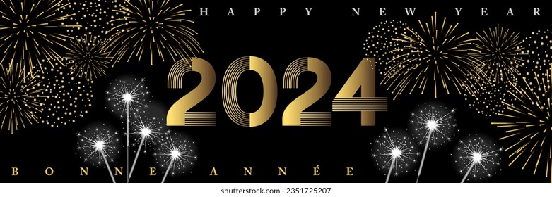 2024 - Banner for the new year in an atmosphere of night parties with fireworks and sparklers - French and English text, translation: happy new year.