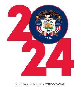 2024 banner with Utah state flag inside. Vector illustration.