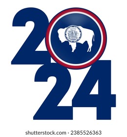 2024 banner with Wyoming state flag inside. Vector illustration.