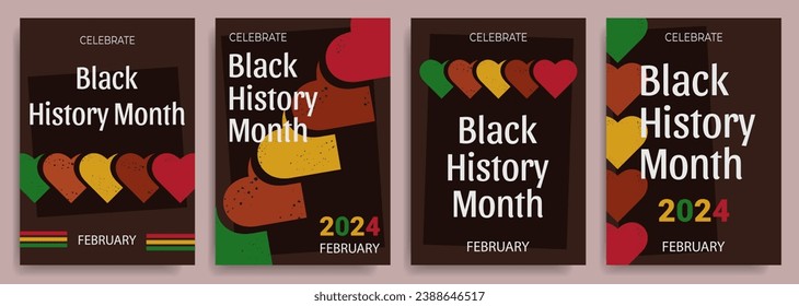 2024 Black History Month poster set with hearts and text greetings on a black background, vector illustration.