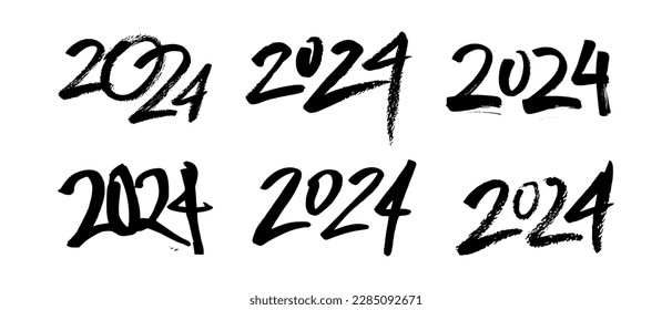 2024 brush stroke lettering set. Grunge texture handwritten design element for calendar, New Year greeting card. Hand drawn black inscription.