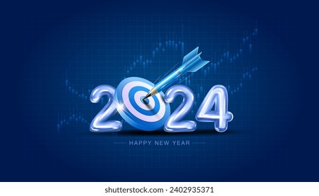 2024 business and finance target concept and stock market background. 3d number 2024 with dart and arrow.