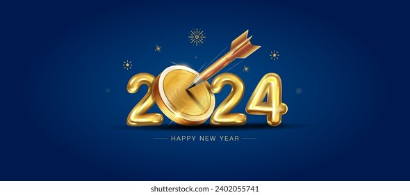 2024 business and financial target concept. 2024 number with golden coin and dart vector illustration on blue background.