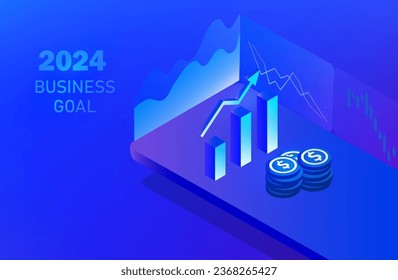 2024 business goal concept. Businessman leaping on growing steps vector illustration. Business investment profit, achievement  and success