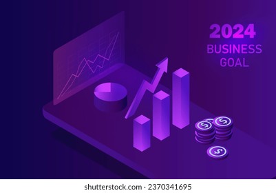 2024 business goal concept vector illustration. Business investment profit, achievement  and success