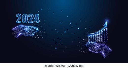 2024 business growth planning for new year, investment goals with hands holding 2024 digits and growth chart in futuristic glowing polygonal style on blue background. Modern design vector illustration