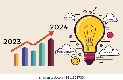 2024 Business growth target concept compared to 2023.Business goal concept. Business development success in 2024 concept vactor.Businessmen analyze goal productivity ,target ,achievement vector .