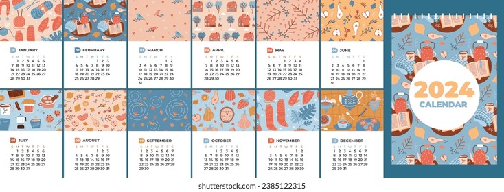 2024 calendar with 12 months sheets design. Vertical a4 a3 size template. Four seasons nature cute cozy patterns. Natural mood. Vector illustration in flat cartoon style. Week starting on Sunday.