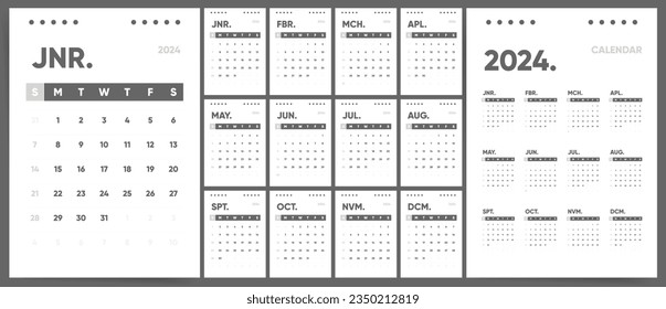 2024 Calendar. 12 Pages for Monthly Calendar Templates for 2024 Year. Clean and Simple Graphic Design ready to print. Wall  Planner Calendar Organizer 2024.