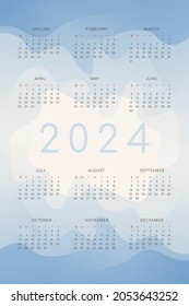 2024 Kalender mit blauen Farbverlauf-Wellenformen. vertikale Jahresvorlage für Print und Digital. Die Woche beginnt am Sonntag