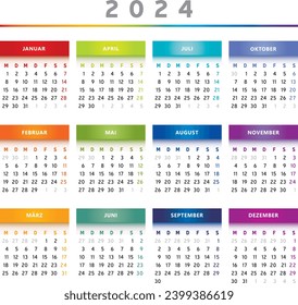 2024 Calendar with Boxes in Rainbow Colors 4 Columns - German Language