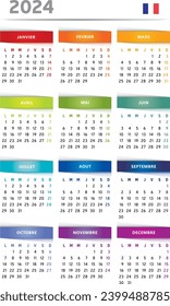 2024 Calendar with Boxes in Rainbow Colors 4 Columns - French Language