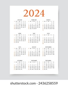 2024 calendar. Calender layout. Week starts Sunday. Desk, pocket planner template with 12 months. Vertical format. Yearly organizer grid. Monthly diary in simple design, English. Vector illustration.