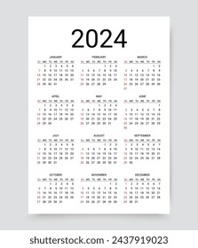 2024 calendar. Calender for year. Pocket or wall template. Yearly organizer with 12 month. Week starts Sunday. Scheduler layout in simple design. Vector illustration. Portrait vertical orientation A4