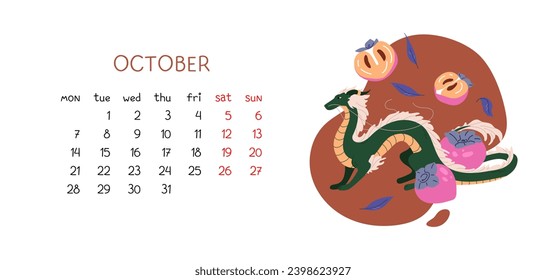 2024 calendar with Chinese dragon and persimmon. Planner for month October with symbol eastern new year of dragon. Horizontal page with schedule on isolated white background. Vector illustration