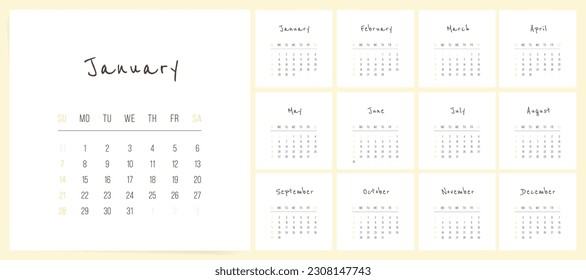 Calendario 2024, plantilla de diseño cuadrado clásico para planificación diaria y mensual. Diseño mínimo para uso profesional o personal. Conveniente para la pantalla de escritorio, pared o escritorio. Domingo Comenzar.