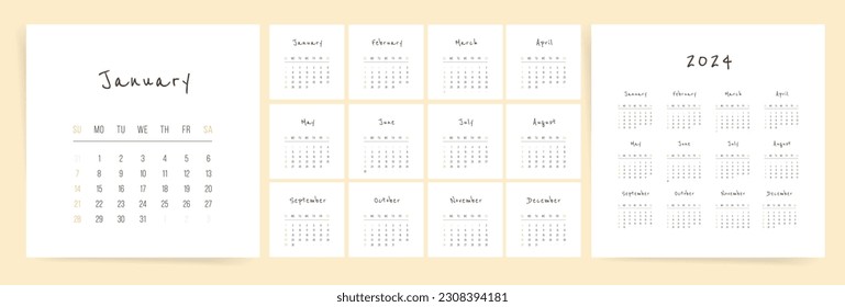 Calendario 2024, plantilla de diseño cuadrado clásico para planificación diaria y mensual. Diseño mínimo para uso profesional o personal. Conveniente para la pantalla de escritorio, pared o escritorio. Domingo Comenzar.