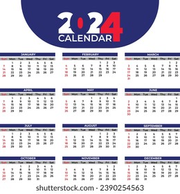 2024 Calendar Corporate Design Template in Blue Color Theme for New Year.