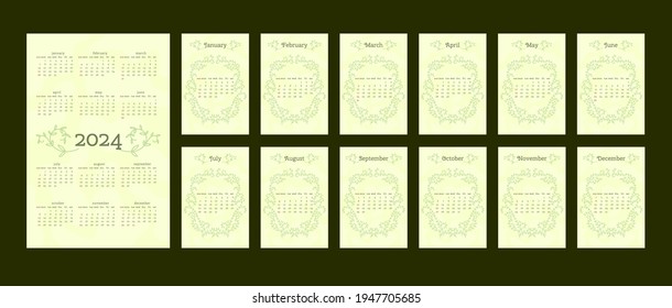2024 calendar in delicate natural trendy style decorated with botanical hand drawn branch leaves. set of 12 separated months. vertical format. light pastel green color. week starts on Sunday.