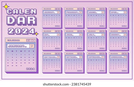 2024 calendar design with 90s style template vector, perfect for office, company, school, social media, advertising, sales, printing and more