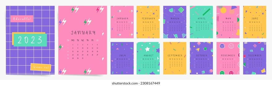 2024 Calendar Design For Child. Abstract Creative colorful Template monthly planner. Wall and Desk Schedule Organizer.