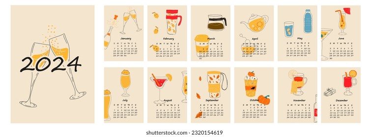 2024 calendar design with different drinks for different seasons. Hand drawn calendar planner minimal style, annual organizer. Vector illustration.