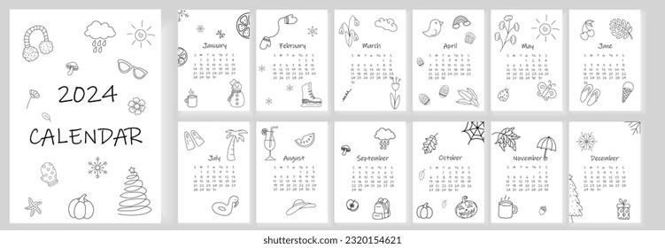 2024 calendar design. Doodle calendar planner minimal style, annual organizer. Vector illustration