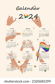 2024 calendar design with lgbt symbol. Hand drawn calendar planner annual organizer. Vector illustration.