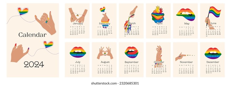 2024 calendar design with lgbt symbol. Hand drawn calendar planner annual organizer. Vector