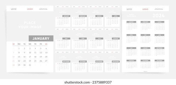 Diseño del calendario 2024. Ordenador de escritorio o de pared simple y moderno. La semana empieza el domingo. Limpiar el estilo empresarial. Diseño de vectores en inglés.