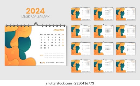 2024 calendar design template, minimal and trendy desk calendar with creative illustration for 2024, abstract and fluid colorful shape 2024 calendar with white background