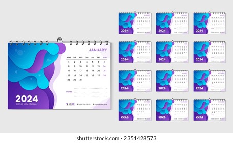 2024 calendar design template, minimal and trendy desk calendar with unique vector illustration for 2024, abstract and fluid colorful shapes with white background, 12 pages set in blue, purple color