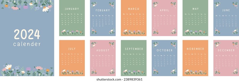 2024 Calendar design template. Monthly calendar with cute flowers in pastel colors, cute hand drawn style. Starts on Monday. For prints,  office, organizer, gift, poster, background. Editable elements