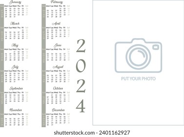 2024 Calendar Design Template. Print-ready calendar template design for 2024. Week starts on Sunday. To edit and add personal photos.