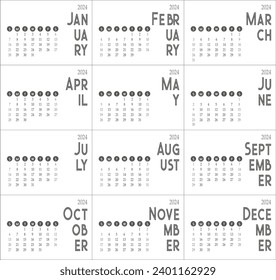 2024 Calendar Design Template. Print-ready calendar template design for 2024. Week starts on Sunday.  Calendar design with 12 months separately.