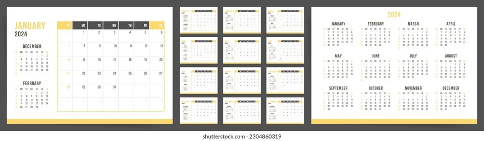 2024 Calendar Design Template. Week starts on Sunday. Black and blue calendar for businessman. Desk planner in simple clean style. Corporate or business calendar. English vector calendar layout.	