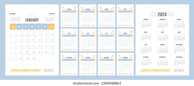 Plantilla de diseño de calendario 2024. La semana comienza el domingo. Calendario amarillo y azul para los empresarios. Planificador de pared en un estilo simple y limpio. Calendario corporativo o comercial. Diseño del calendario vectorial en inglés.	