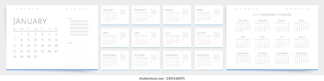 2024 Calendar Design Template. Week starts on Sunday. Desk planner with todo list, tasks, notes and monthly calendar pages for 2024 year.