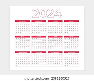 2024 Calendar design, Calendar 2024, 2024,  wall calendar 2024, wall, desk calendar, one page, Planner design, Print Ready, Free Vector,