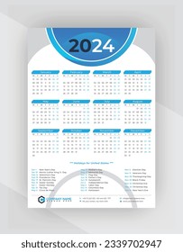
2024 Calendar, Calendar Design, Wall Calendar, one page Wall Calender, holidays, Calendar Design With Holiday, calender, National Holidays,
