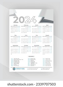 2024 Calendar, Calendar Design, Wall Calendar, one page Wall Calender, holidays, Calendar Design With Holiday, calender, National Holidays, 2024,  2024 Design, uk, us, canada, india,  uae, Bangladesh