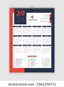 2024 Kalender, Kalenderdesign, Wall Calendar, eine Seite Wall Calender, Feiertage, Kalenderdesign mit Urlaub, Kalender, Kalender, Feiertage, National Holidays, 2024, 2024 Design, 